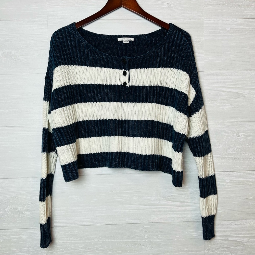 American Eagle blue & white wide striped cropped cotton blend sweater size small